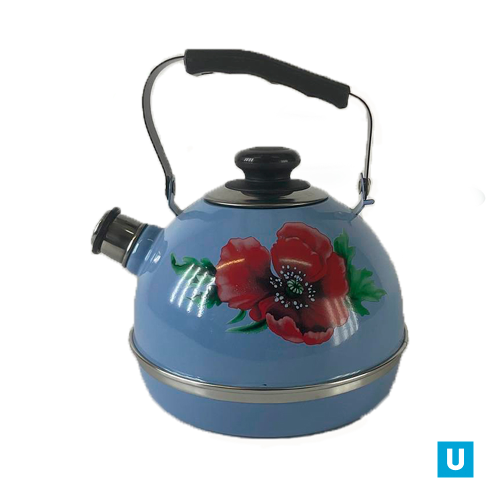 Чайник 2,5л. (подвиж. ручка) - серо - голубой / маковый цветок (декор - нерж. сталь)