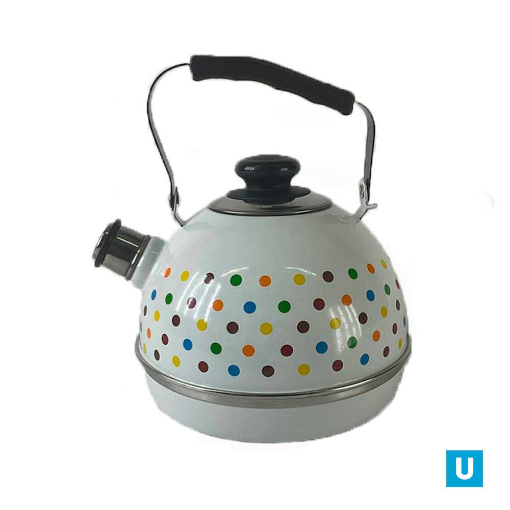 Чайник 3,5л. (подвиж. ручка) - белый / разноцветные горохи (декор - нерж. сталь)