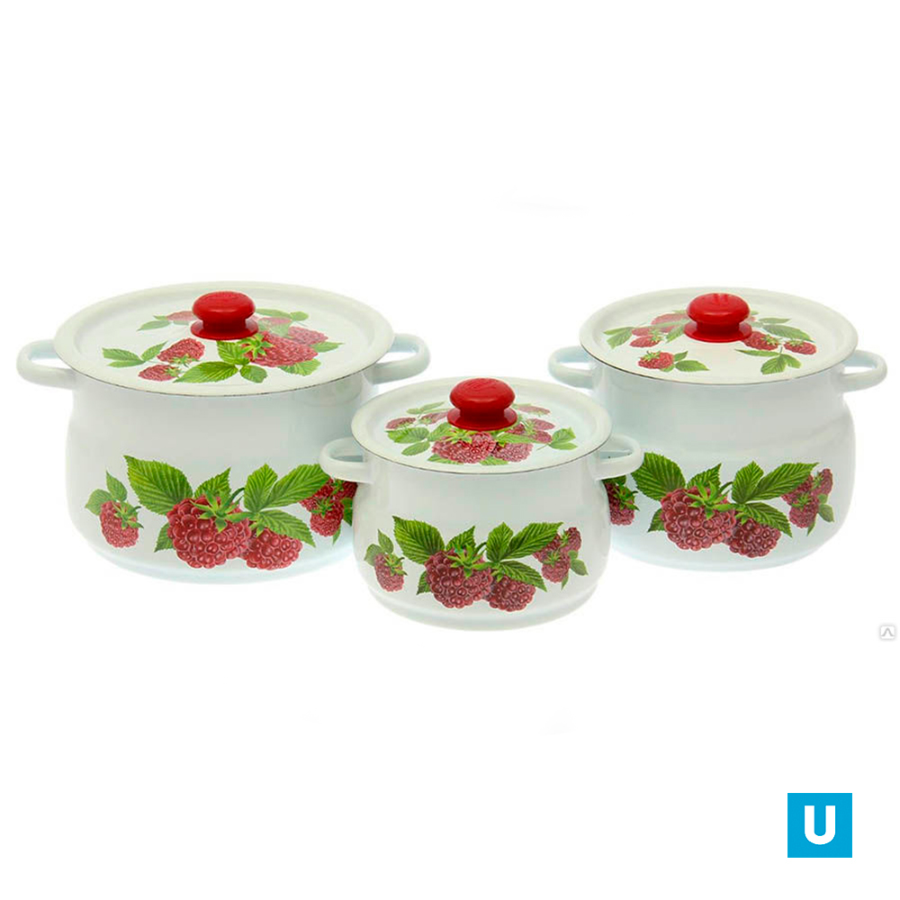 набор 11 белый с деколью на кр. Летняя ягода кастрюли сфер 4л 5,5л 8л
