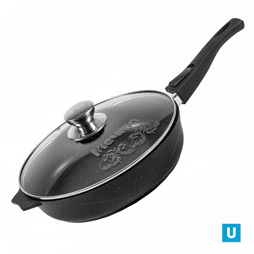 Сковорода  28см АП Гранит black со съемной ручкой и стеклянной крышкой арт.С028802