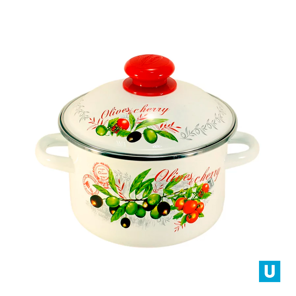 Кастрюля цилиндрическая 2 л с ободком, белая, Оливки и черри