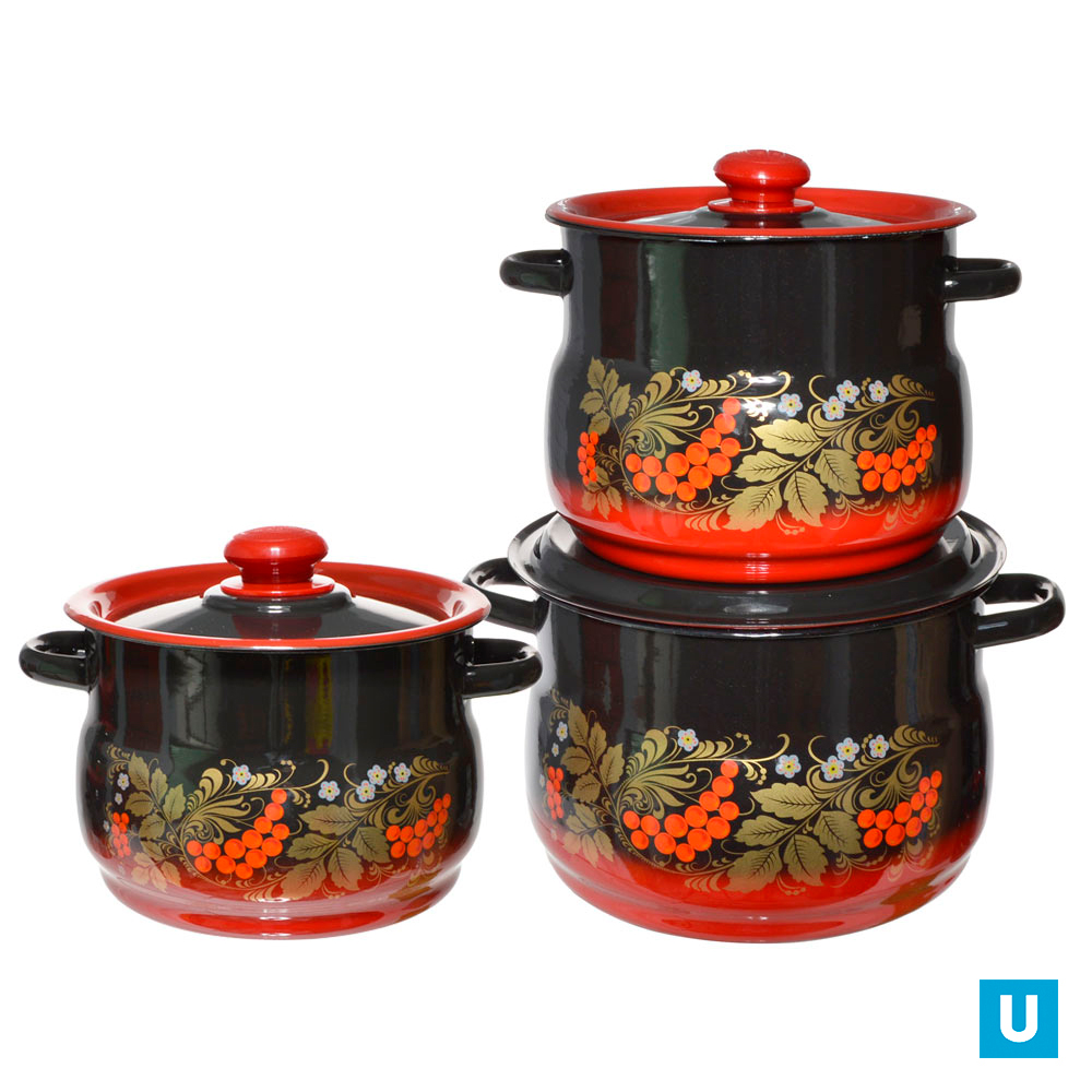 набор 11 красно-чёрный Рябинка кастрюли сфер 4л 5,5л 8л