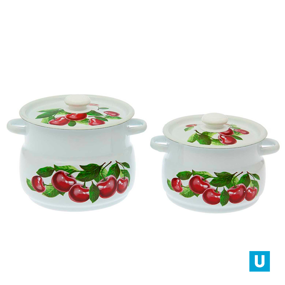набор 10 белый с деколью на крышке Вишнёвый сад кастрюли сфер 4л 5,5л