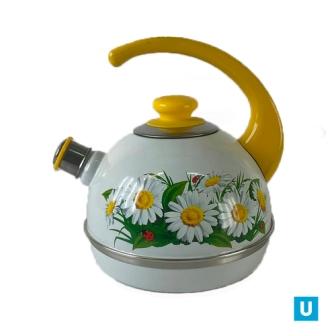 Чайник 3,5л. (конс. ручка) - белый / марианна (декор - нерж. сталь на желтом)