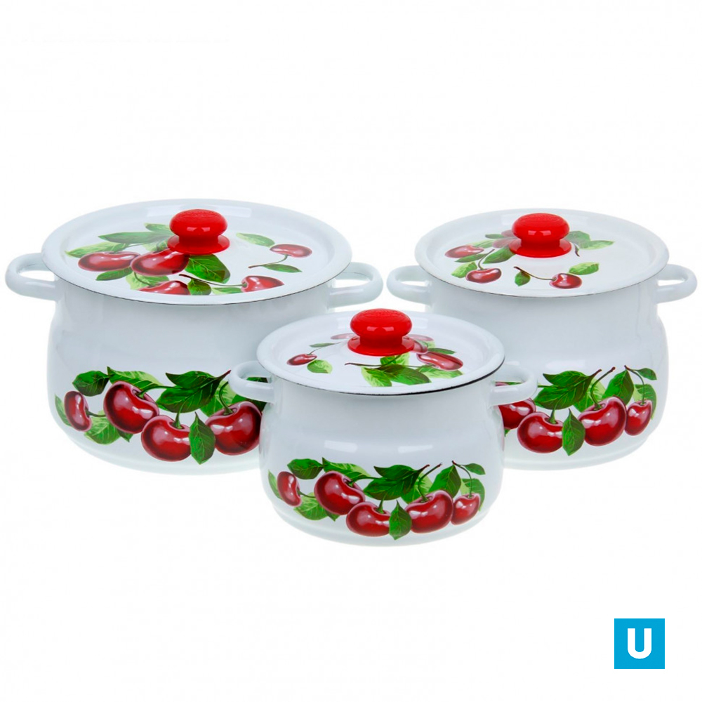 набор 11 белый с деколью на кр. Вишнёвый сад кастрюли сфер 4л 5,5л 8л