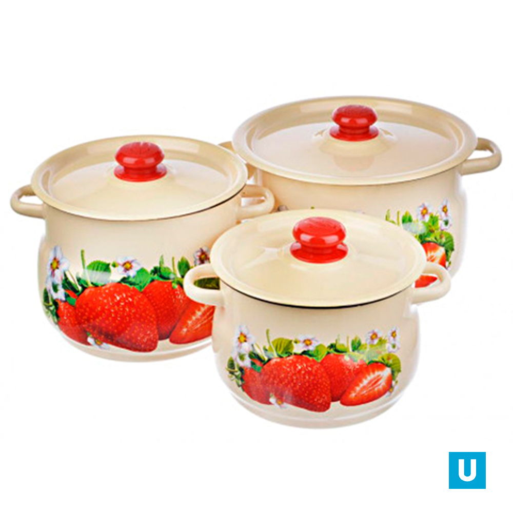набор 11 палевый Клубника садовая  кастрюли сфер.: 8; 5,5л и 4л