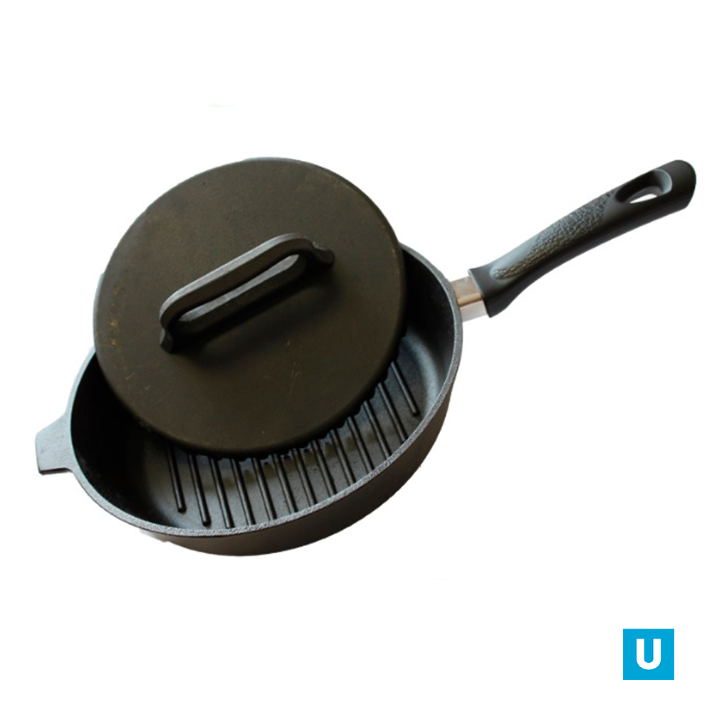 Сковорода гриль литая чугунная 280х60 со съемной бакелитовой ручкой с чугунной  крышкой