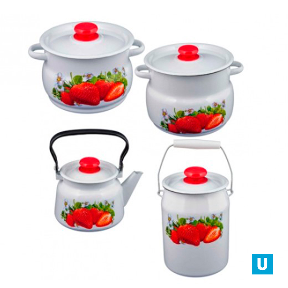набор 12 белый Клубника садовая кастрюли сфер 4л 5,5л бидон 3л чайник 2,3л