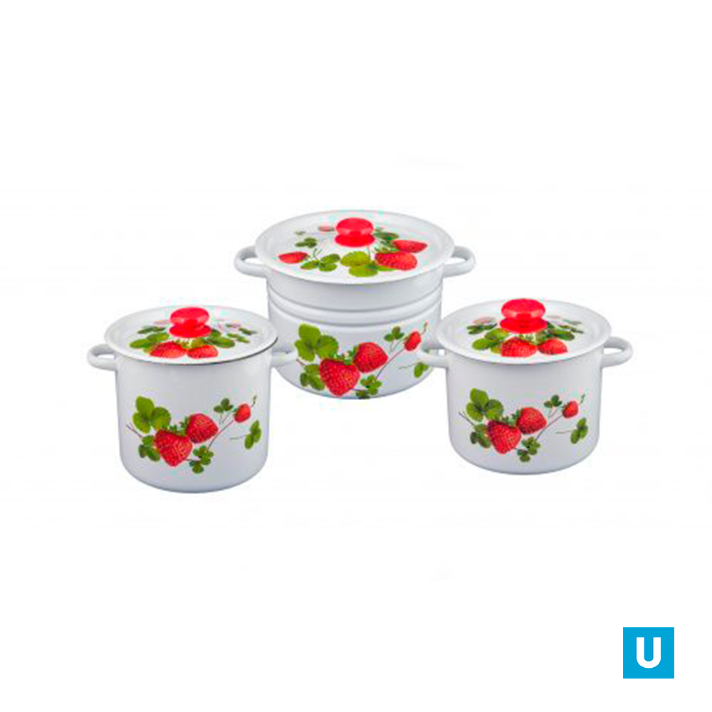 набор 17 белый с деколью на кр. Летняя ягода кастрюли цилиндр 3,5л 5,5л 8л