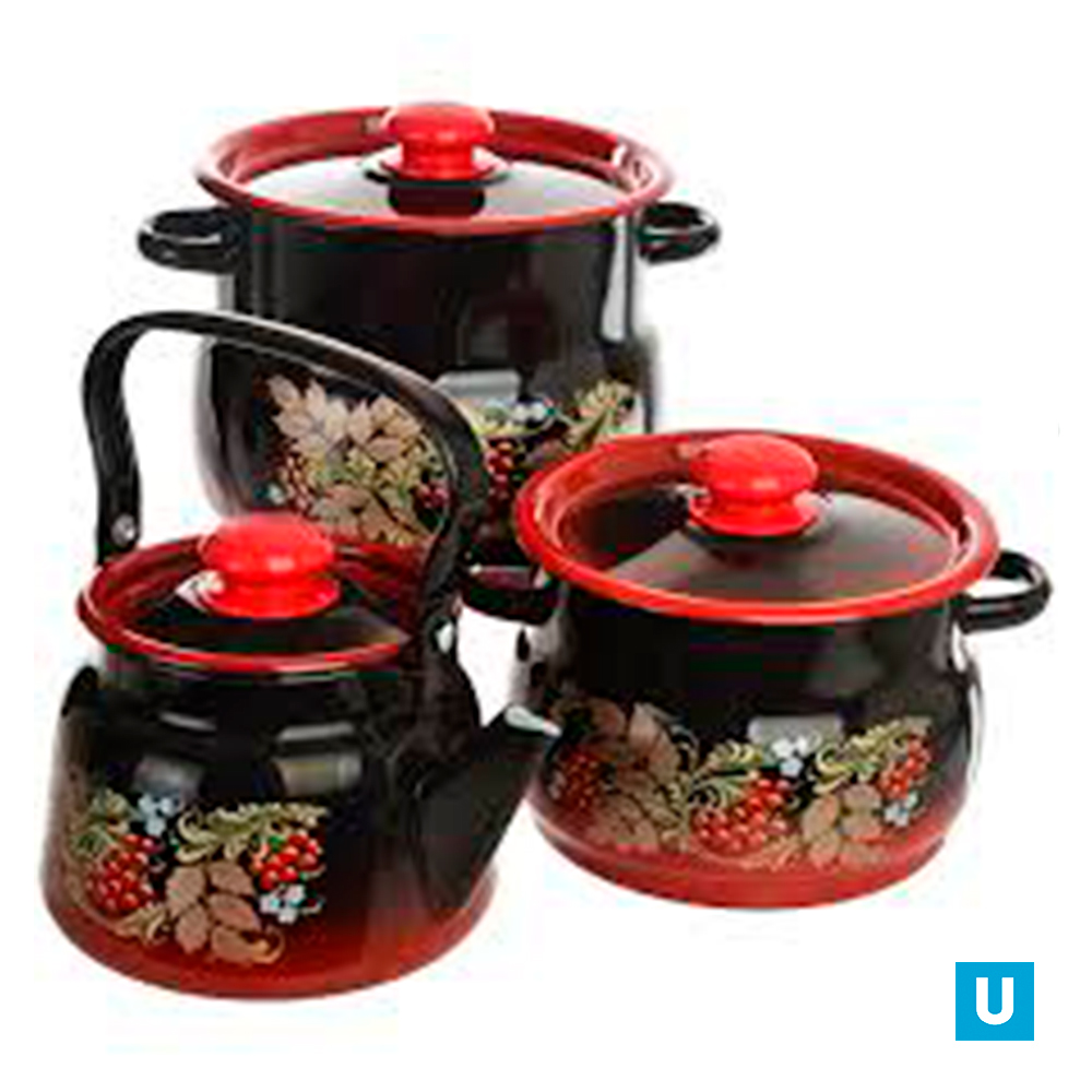 набор 14 красно-чёрный Рябинка кастрюли сфер 4л 5,5л чайник 2,3л