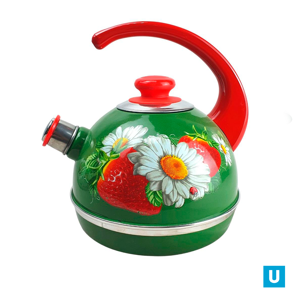 Чайник 3,5л. (конс. ручка) - зеленый / клубника с ромашкой (декор - нерж. сталь на красном)