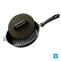 Сковорода гриль литая чугунная 280х60 со съемной бакелитовой ручкой с чугунной  крышкой