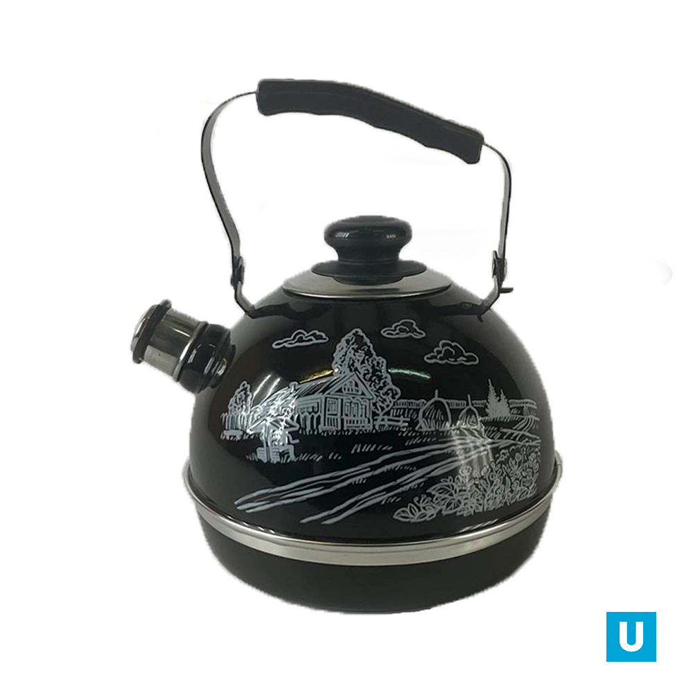 Чайник 3,5л. (подвиж. ручка) - черный / белый домик в деревне (декор - нерж. сталь)