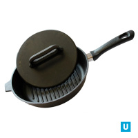 Сковорода гриль литая чугунная 280х60 с бакелитовой ручкой с чугунной  крышкой