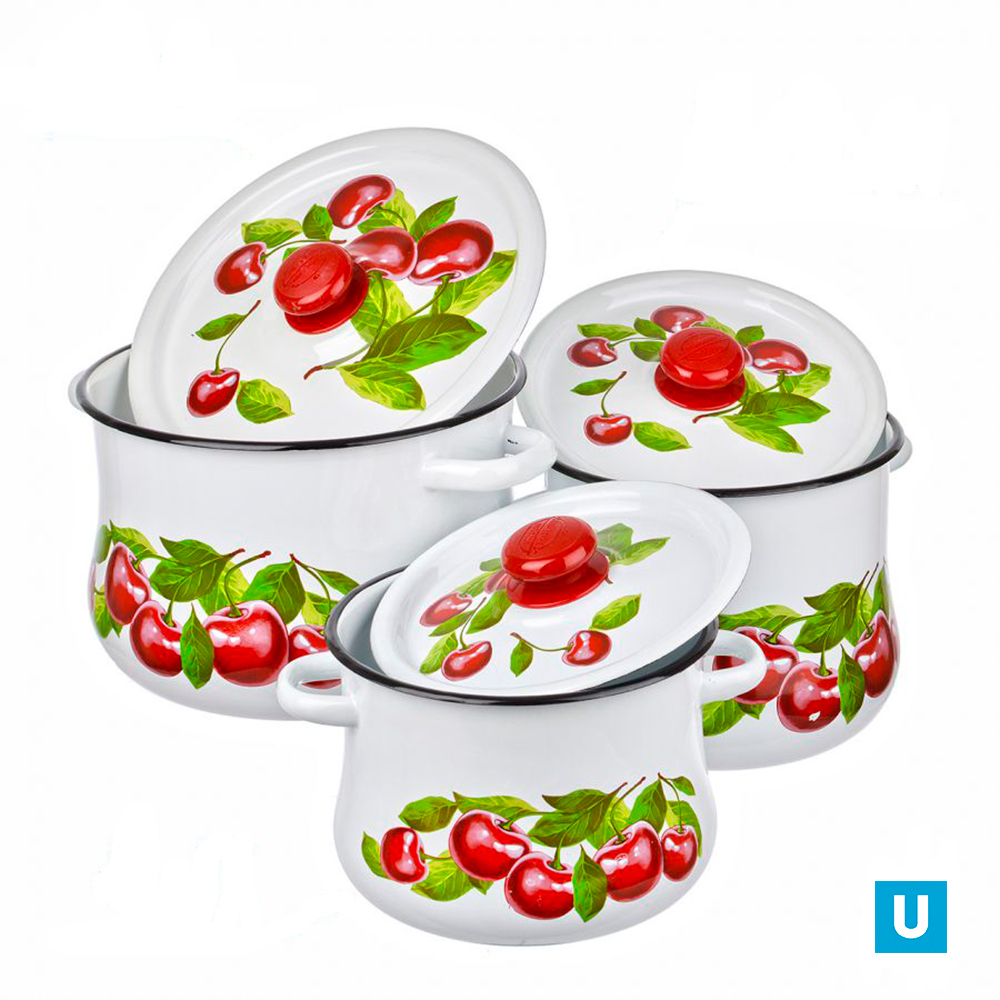 набор 19 белый с деколью на крышке Вишнёвый сад   кастрюли груш.: 8; 5,5л и 4л (снято с пр-ва)