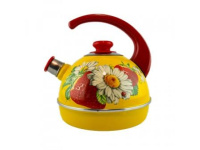 Чайник 3,5л. (конс. ручка) - желтый / клубника с ромашкой (декор - нерж. сталь на красном)