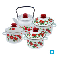 набор 27 белый с деколью на кр. Маки   кастрюли цилиндр. с н/об.: 2л; 3л; 4л и чайник сфер.3,5л (271